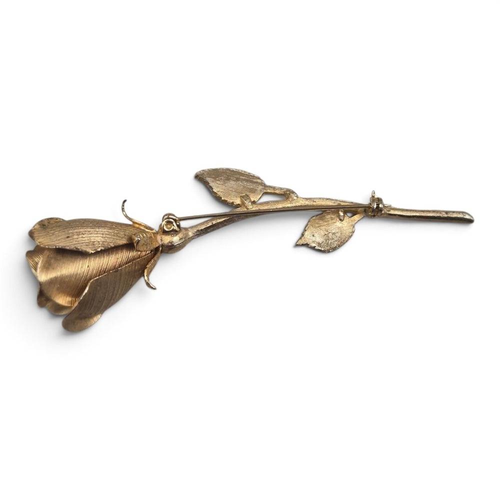 Rose Brooch Women OS Gold Textured Long Stem Floral Pin - Picture 2 of 3